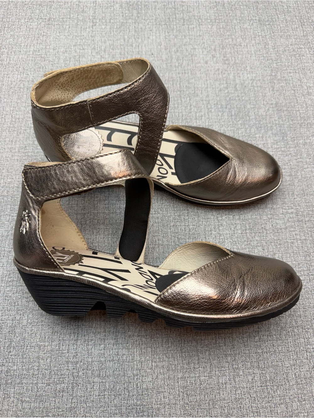 Fly London Metallic Bronze Leather Wedge Shoes